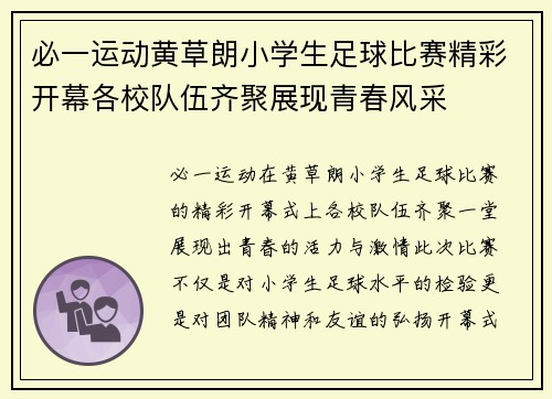 必一运动黄草朗小学生足球比赛精彩开幕各校队伍齐聚展现青春风采